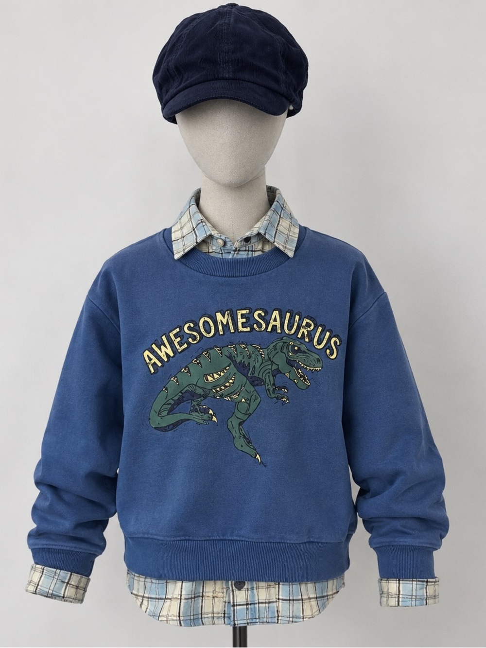 Baby Boy Size 2-3 Blue Plaid Button Up Shirt & Dinosaur Sweater With Cap Bundle
